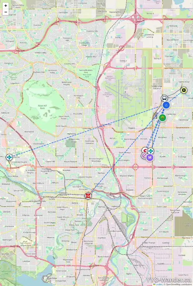 Daily accessibility map for 51 MARTINRIDGE GV NE, Calgary showing nearby schools, grocery stores, parks, LRT stations and nearby amenities