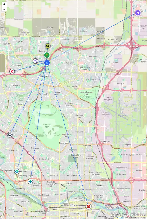 Daily accessibility map for 71 EVANSMEADE CR NW, Calgary showing nearby schools, grocery stores, parks, LRT stations and nearby amenities