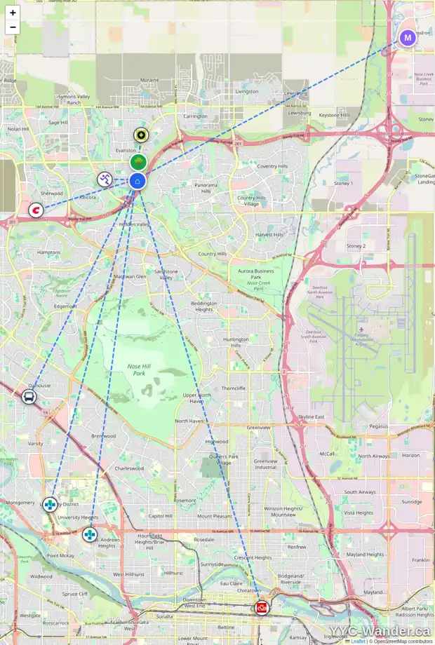 Daily accessibility map for 131 EVANSMEADE CR NW, Calgary showing nearby schools, grocery stores, parks, LRT stations and nearby amenities