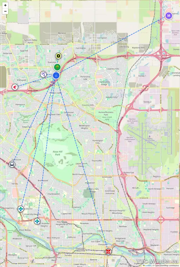 Daily accessibility map for 150 EVANSMEADE CR NW, Calgary showing nearby schools, grocery stores, parks, LRT stations and nearby amenities