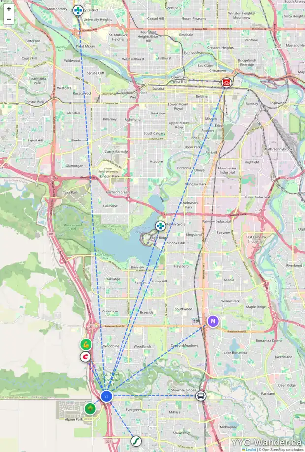 Daily accessibility map for 231 EVERGLADE CI SW, Calgary showing nearby schools, grocery stores, parks, LRT stations and nearby amenities