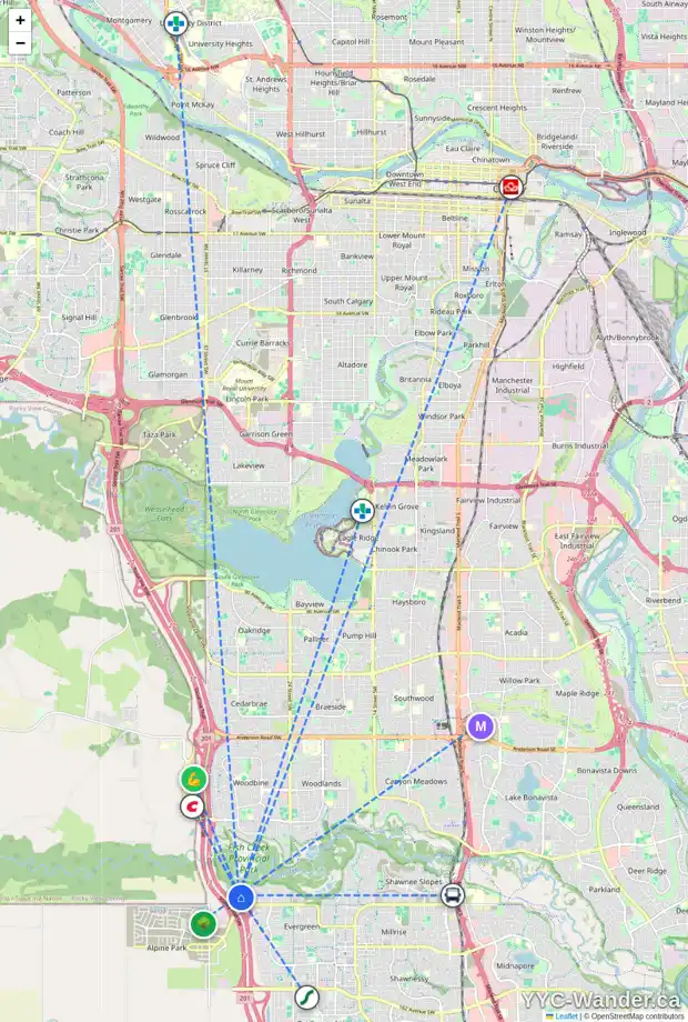 Daily accessibility map for 239 EVERGLADE CI SW, Calgary showing nearby schools, grocery stores, parks, LRT stations and nearby amenities