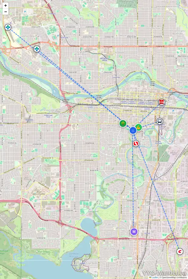 Daily accessibility map for 4 1921 5 ST SW, Calgary showing nearby schools, grocery stores, parks, LRT stations and nearby amenities