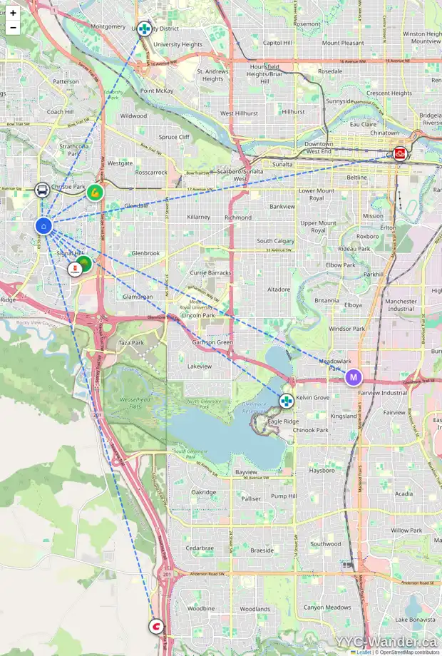 Daily accessibility map for 55 SIENNA PARK CR SW, Calgary showing nearby schools, grocery stores, parks, LRT stations and nearby amenities