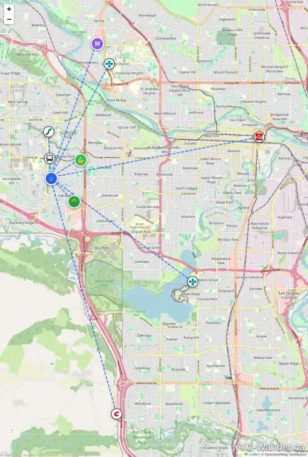 Daily accessibility map for 204 SIENNA PARK HE SW, Calgary showing nearby schools, grocery stores, parks, LRT stations and nearby amenities