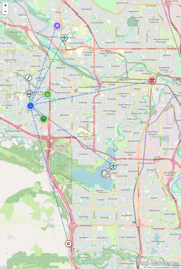 Daily accessibility map for 220 SIENNA PARK HE SW, Calgary showing nearby schools, grocery stores, parks, LRT stations and nearby amenities