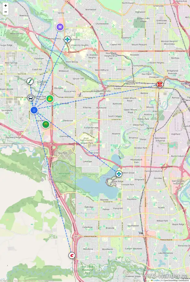 Daily accessibility map for 115 SIENNA PARK HE SW, Calgary showing nearby schools, grocery stores, parks, LRT stations and nearby amenities