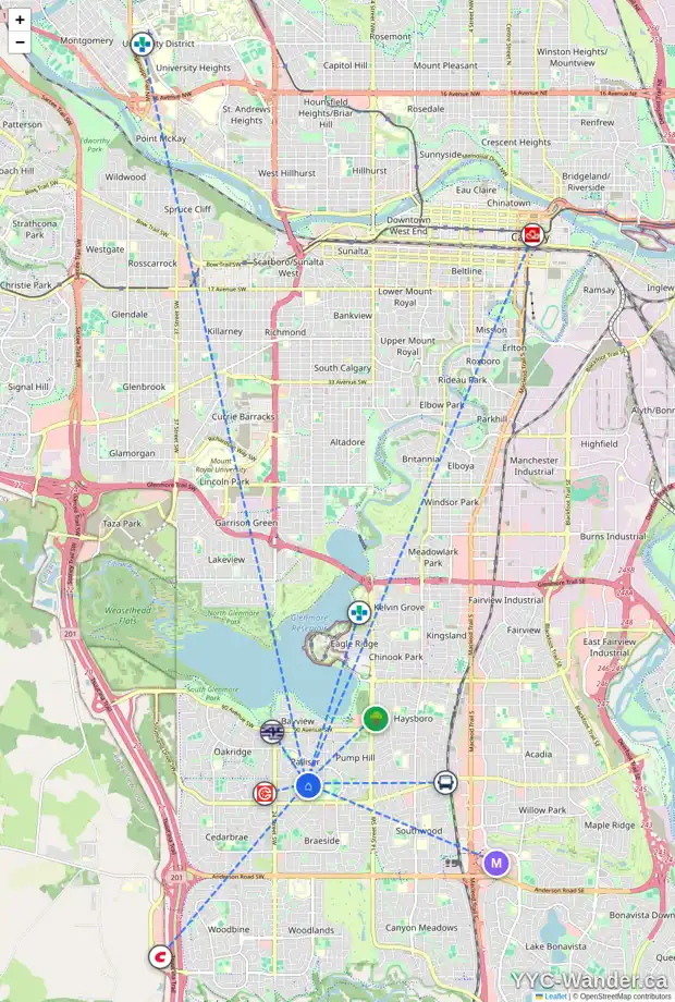 Daily accessibility map for 10 2121 98 AV SW, Calgary showing nearby schools, grocery stores, parks, LRT stations and nearby amenities