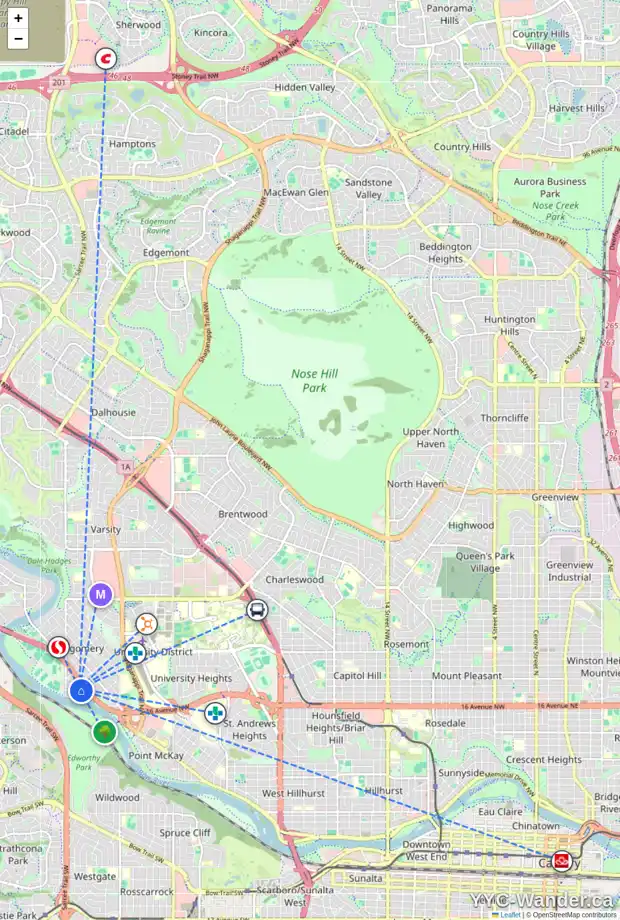 Daily accessibility map for 4541 MONTEREY AV NW, Calgary showing nearby schools, grocery stores, parks, LRT stations and nearby amenities