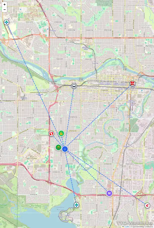Daily accessibility map for 2011 42 AV SW, Calgary showing nearby schools, grocery stores, parks, LRT stations and nearby amenities