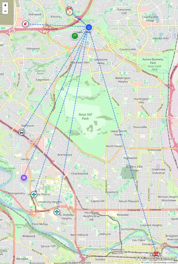 Daily accessibility map for 169 HIDDEN SPRING CI NW, Calgary showing nearby schools, grocery stores, parks, LRT stations and nearby amenities