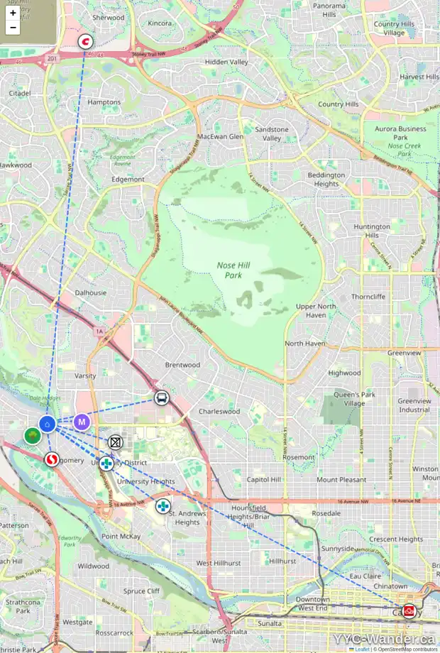 Daily accessibility map for 5916 BOW CR NW, Calgary showing nearby schools, grocery stores, parks, LRT stations and nearby amenities