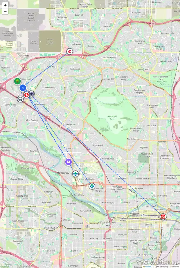 Daily accessibility map for 52 ARBOUR WOOD CL NW, Calgary showing nearby schools, grocery stores, parks, LRT stations and nearby amenities