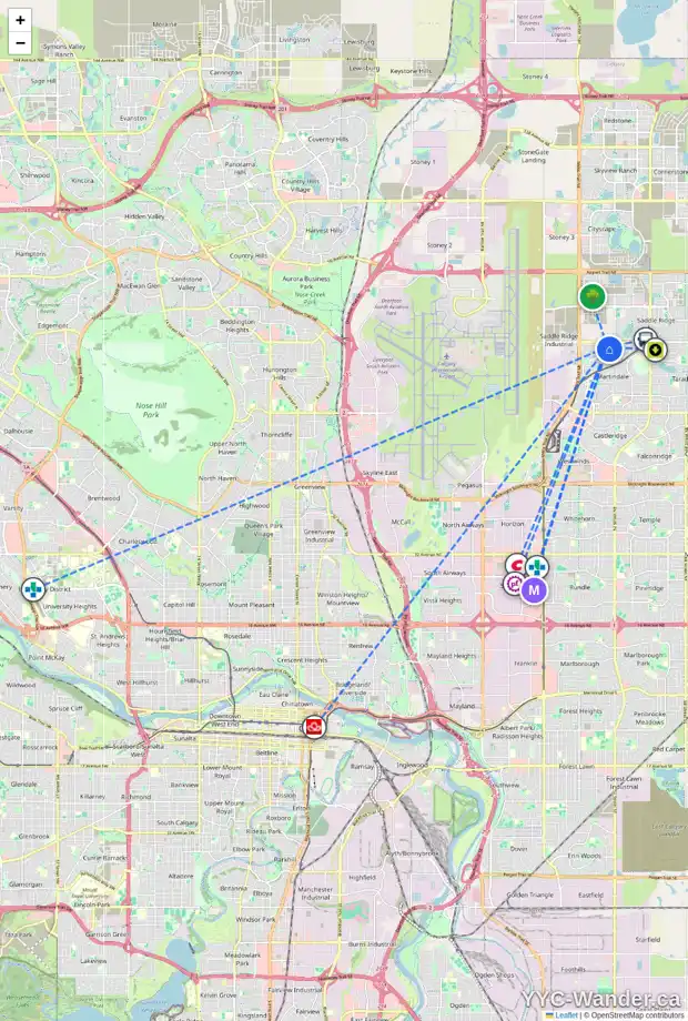 Daily accessibility map for 17 MARTHA'S MEADOW GA NE, Calgary showing nearby schools, grocery stores, parks, LRT stations and nearby amenities