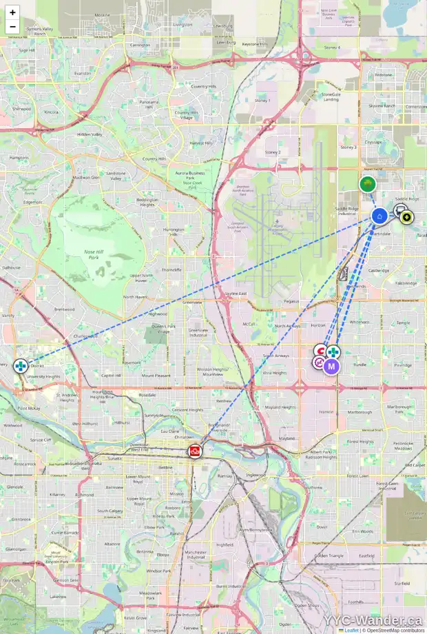 Daily accessibility map for 24 MARTHA'S MEADOW GA NE, Calgary showing nearby schools, grocery stores, parks, LRT stations and nearby amenities