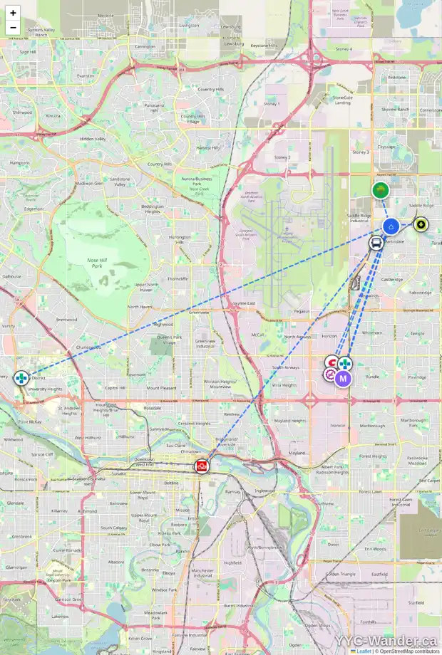 Daily accessibility map for 23 MARTHA'S WY NE, Calgary showing nearby schools, grocery stores, parks, LRT stations and nearby amenities