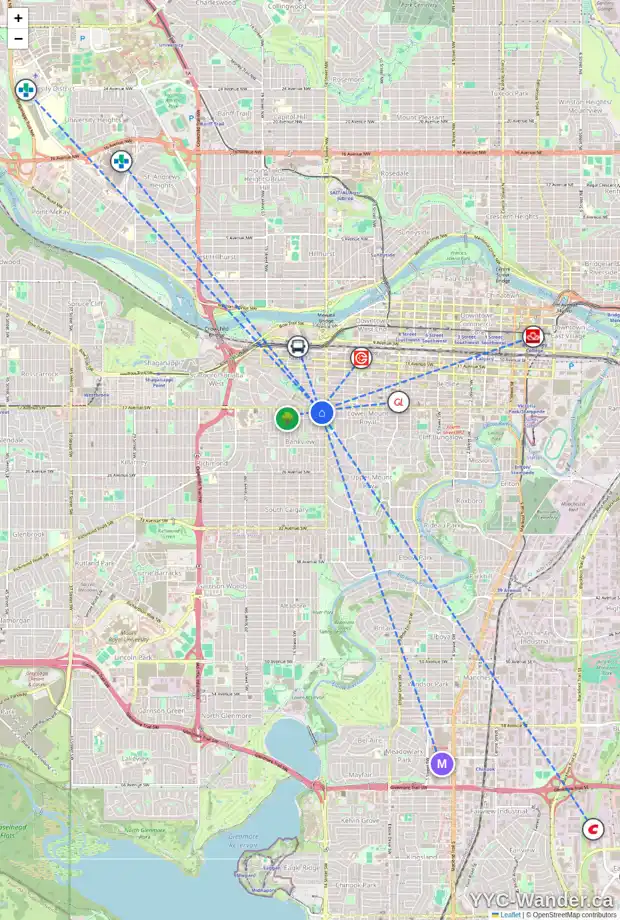 Daily accessibility map for 316 1800 14A ST SW, Calgary showing nearby schools, grocery stores, parks, LRT stations and nearby amenities