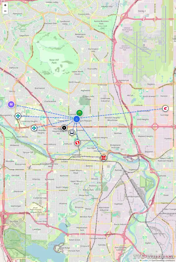 Daily accessibility map for 1132 22 AV NW, Calgary showing nearby schools, grocery stores, parks, LRT stations and nearby amenities
