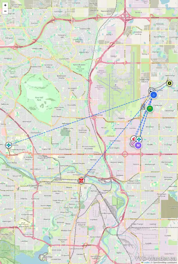 Daily accessibility map for 39 MARTIN CROSSING PA NE, Calgary showing nearby schools, grocery stores, parks, LRT stations and nearby amenities