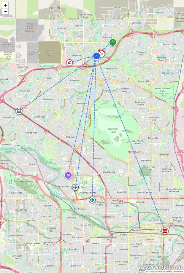 Daily accessibility map for 210 KINCORA PL NW, Calgary showing nearby schools, grocery stores, parks, LRT stations and nearby amenities