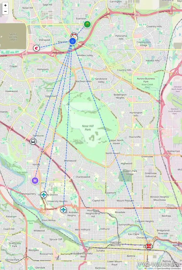 Daily accessibility map for 109 KINCORA CV NW, Calgary showing nearby schools, grocery stores, parks, LRT stations and nearby amenities