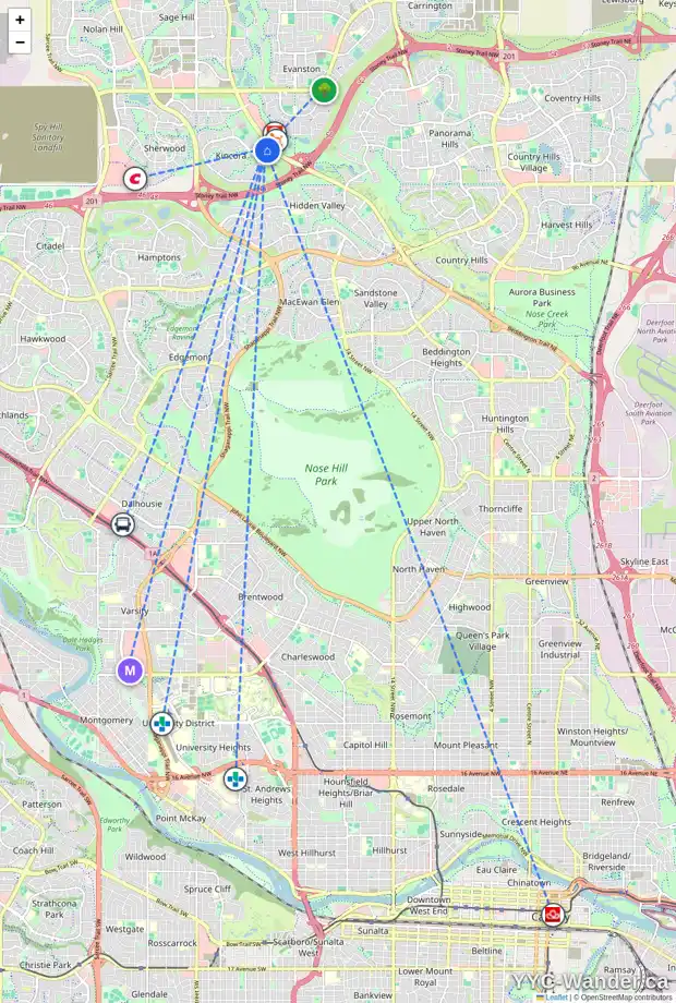 Daily accessibility map for 125 KINCORA CV NW, Calgary showing nearby schools, grocery stores, parks, LRT stations and nearby amenities