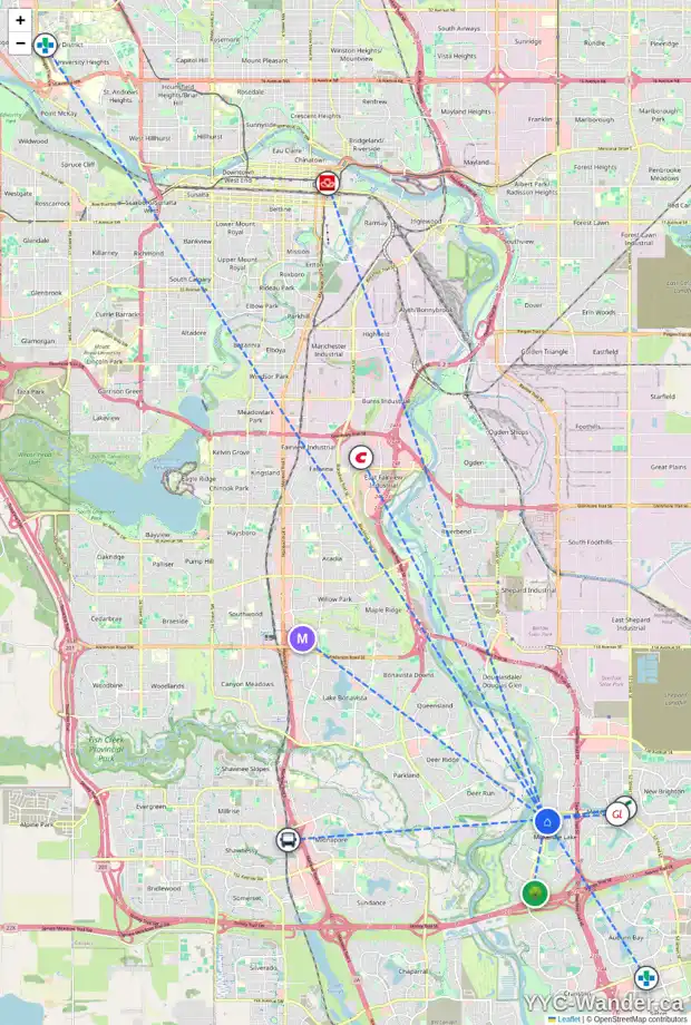 Daily accessibility map for 302 MT MCKENZIE GD SE, Calgary showing nearby schools, grocery stores, parks, LRT stations and nearby amenities