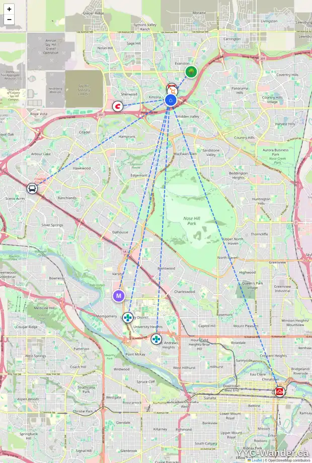 Daily accessibility map for 54 KINCORA LD NW, Calgary showing nearby schools, grocery stores, parks, LRT stations and nearby amenities