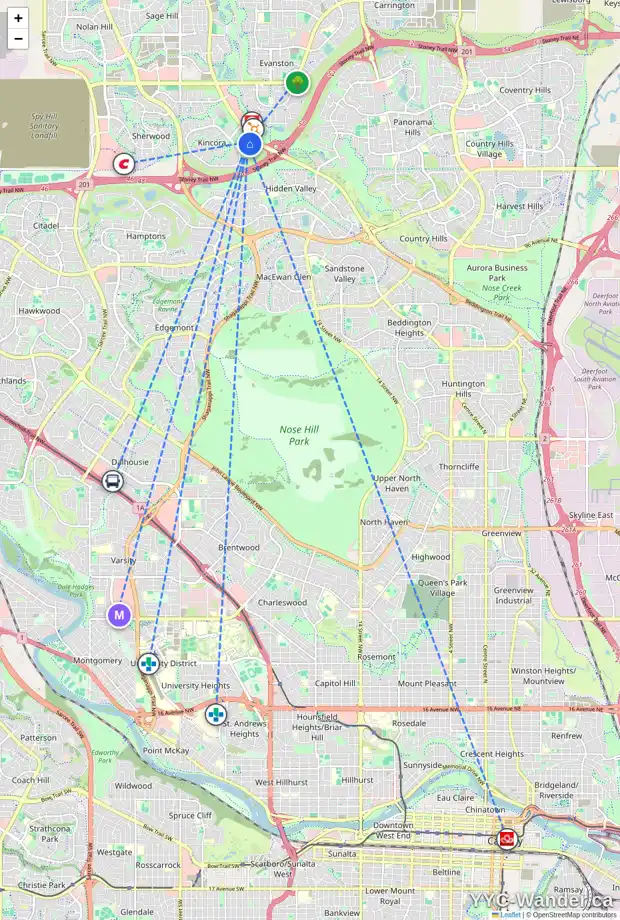Daily accessibility map for 90 KINCORA LD NW, Calgary showing nearby schools, grocery stores, parks, LRT stations and nearby amenities