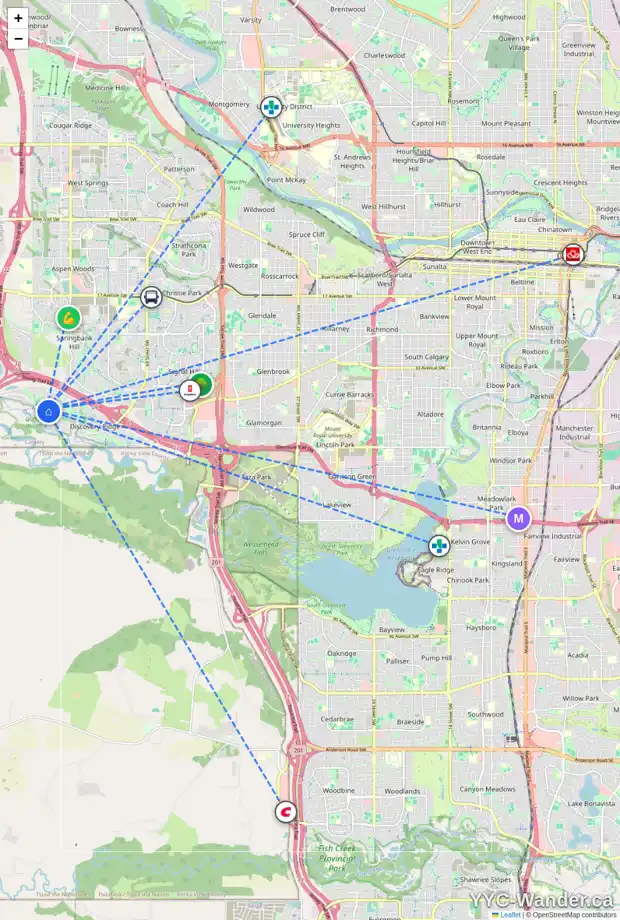 Daily accessibility map for 249 DISCOVERY RIDGE BV SW, Calgary showing nearby schools, grocery stores, parks, LRT stations and nearby amenities