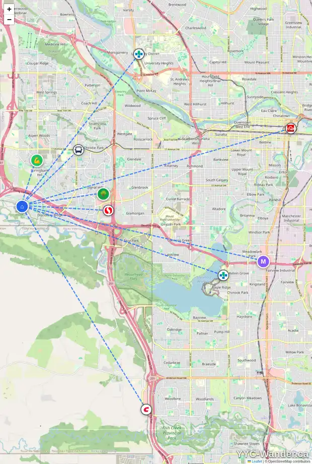 Daily accessibility map for 303 DISCOVERY RIDGE BV SW, Calgary showing nearby schools, grocery stores, parks, LRT stations and nearby amenities