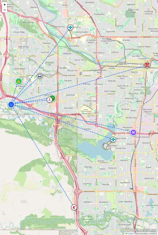 Daily accessibility map for 307 DISCOVERY RIDGE BV SW, Calgary showing nearby schools, grocery stores, parks, LRT stations and nearby amenities