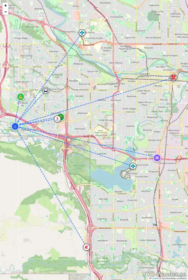 Daily accessibility map for 234 DISCOVERY RIDGE BV SW, Calgary showing nearby schools, grocery stores, parks, LRT stations and nearby amenities