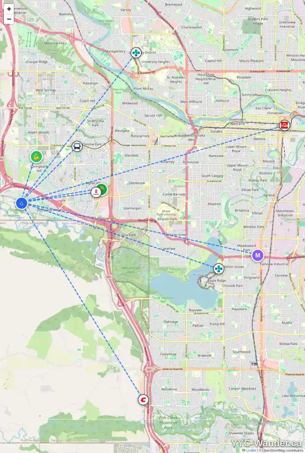 Daily accessibility map for 298 DISCOVERY RIDGE BV SW, Calgary showing nearby schools, grocery stores, parks, LRT stations and nearby amenities