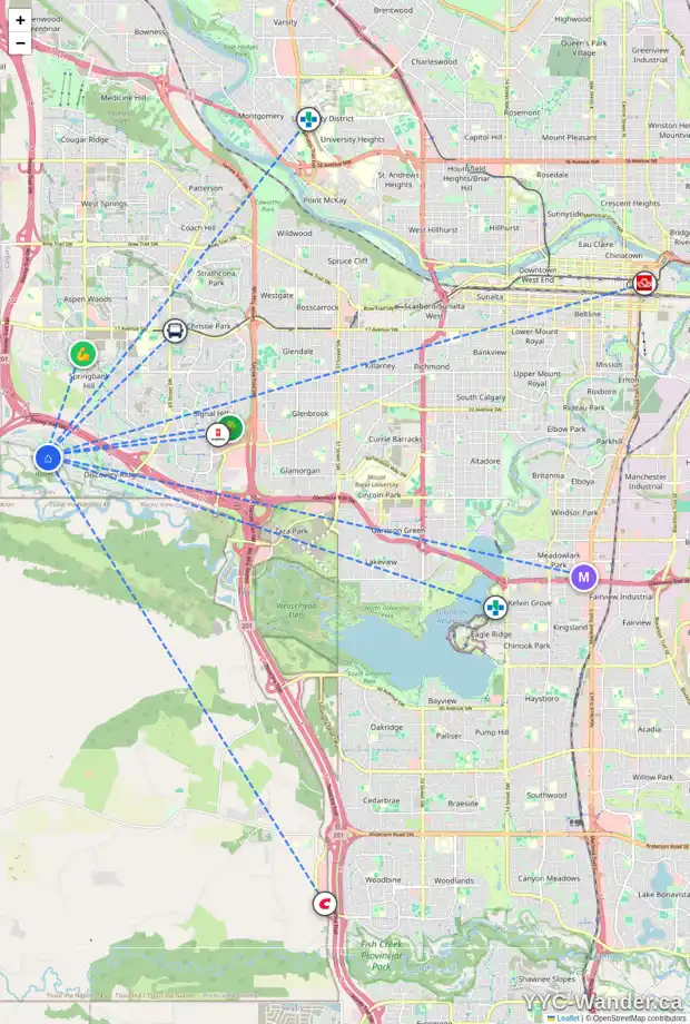 Daily accessibility map for 306 DISCOVERY RIDGE BV SW, Calgary showing nearby schools, grocery stores, parks, LRT stations and nearby amenities