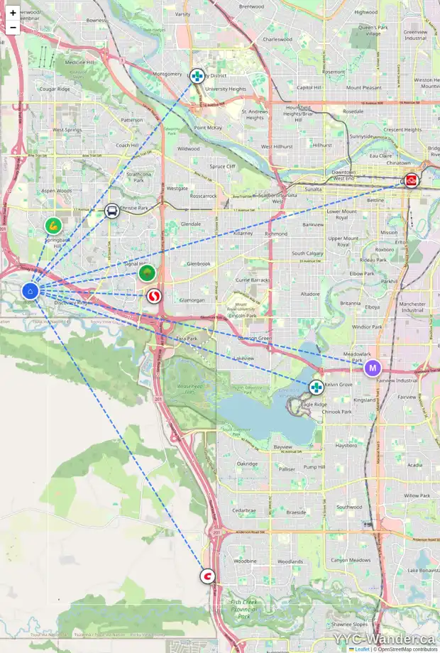 Daily accessibility map for 318 DISCOVERY RIDGE BV SW, Calgary showing nearby schools, grocery stores, parks, LRT stations and nearby amenities