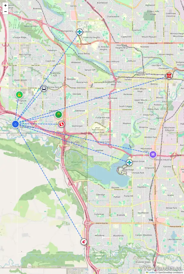 Daily accessibility map for 2 DISCOVERY RIDGE MR SW, Calgary showing nearby schools, grocery stores, parks, LRT stations and nearby amenities
