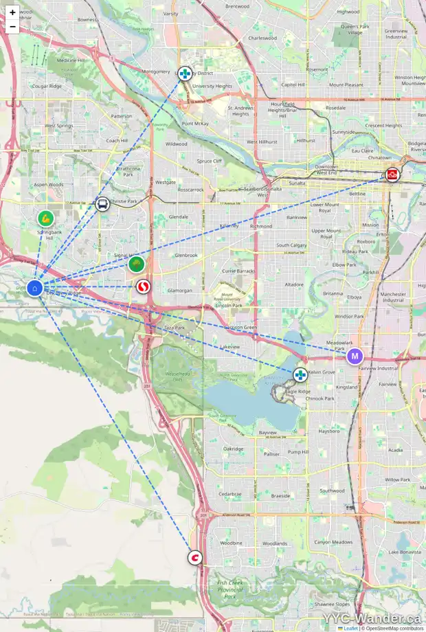 Daily accessibility map for 22 DISCOVERY RIDGE MR SW, Calgary showing nearby schools, grocery stores, parks, LRT stations and nearby amenities