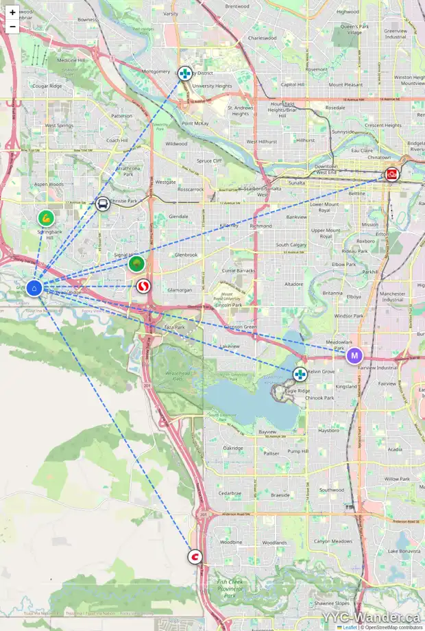 Daily accessibility map for 30 DISCOVERY RIDGE MR SW, Calgary showing nearby schools, grocery stores, parks, LRT stations and nearby amenities