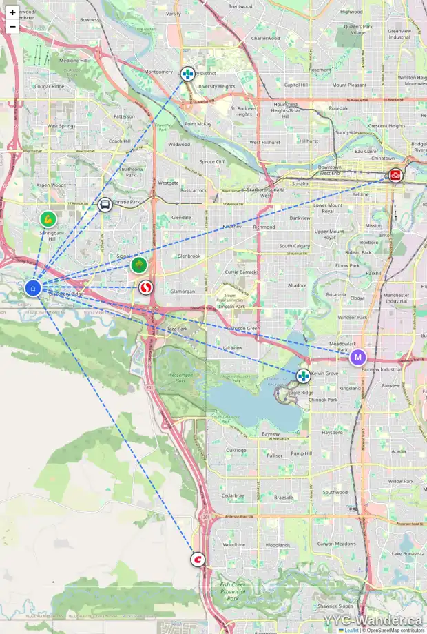 Daily accessibility map for 58 DISCOVERY RIDGE MR SW, Calgary showing nearby schools, grocery stores, parks, LRT stations and nearby amenities