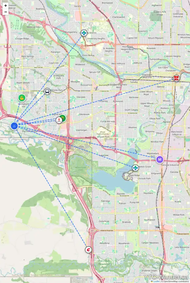 Daily accessibility map for 97 DISCOVERY RIDGE GD SW, Calgary showing nearby schools, grocery stores, parks, LRT stations and nearby amenities