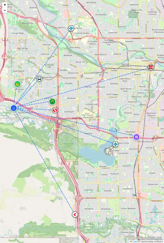 Daily accessibility map for 6 DISCOVERY RIDGE GD SW, Calgary showing nearby schools, grocery stores, parks, LRT stations and nearby amenities