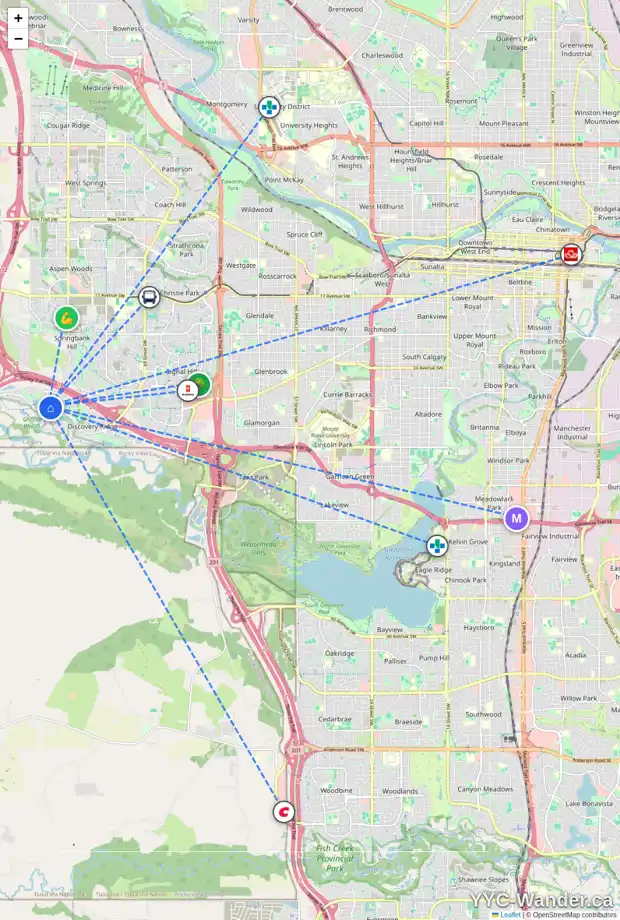 Daily accessibility map for 26 DISCOVERY RIDGE GD SW, Calgary showing nearby schools, grocery stores, parks, LRT stations and nearby amenities
