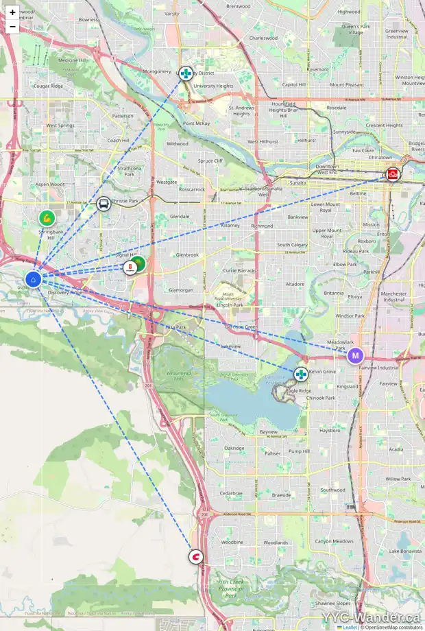 Daily accessibility map for 62 DISCOVERY RIDGE GD SW, Calgary showing nearby schools, grocery stores, parks, LRT stations and nearby amenities