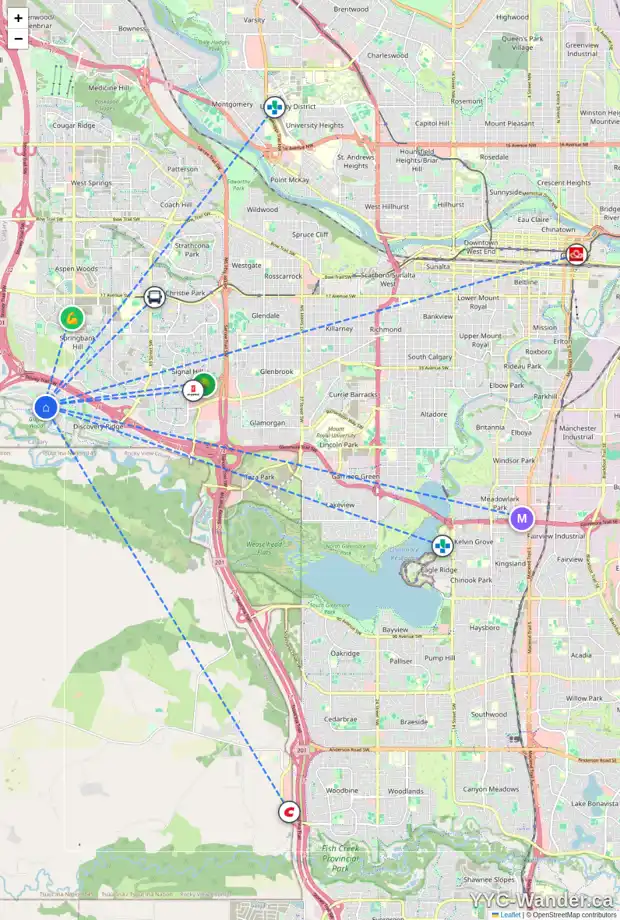 Daily accessibility map for 110 DISCOVERY RIDGE GD SW, Calgary showing nearby schools, grocery stores, parks, LRT stations and nearby amenities