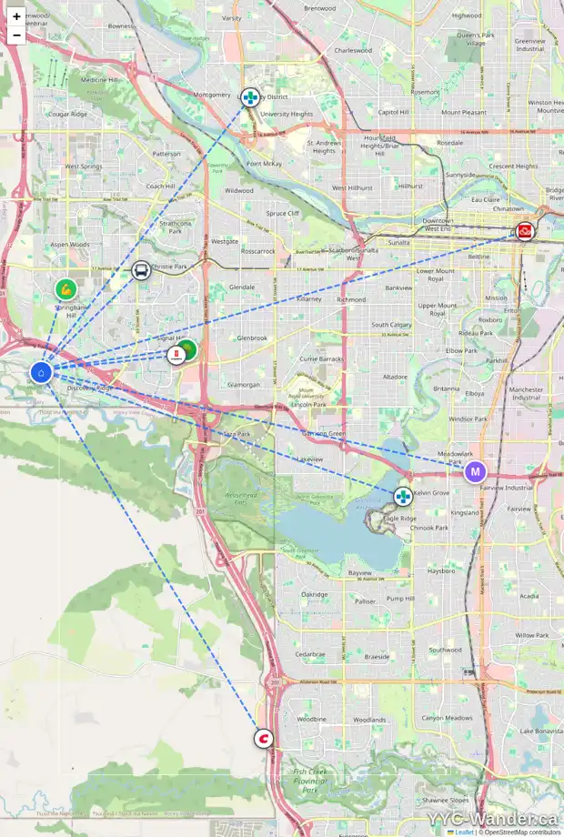 Daily accessibility map for 134 DISCOVERY RIDGE GD SW, Calgary showing nearby schools, grocery stores, parks, LRT stations and nearby amenities
