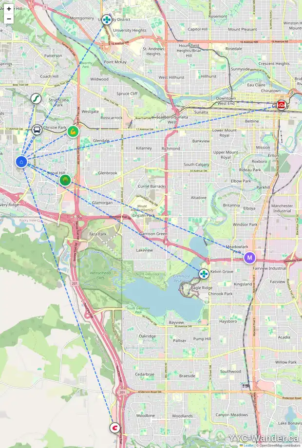Daily accessibility map for 27 ELVEDEN DR SW, Calgary showing nearby schools, grocery stores, parks, LRT stations and nearby amenities