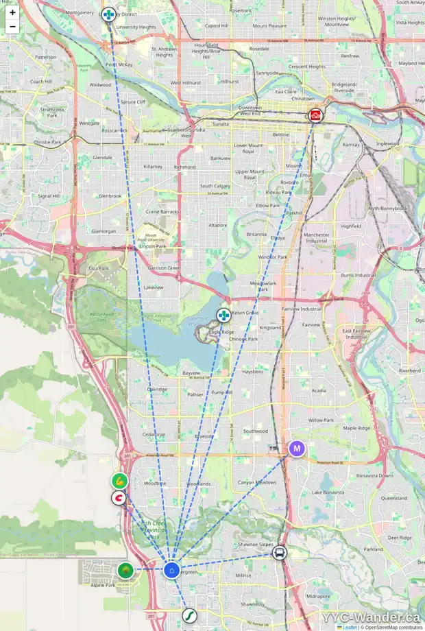 Daily accessibility map for 144 EVERHOLLOW WY SW, Calgary showing nearby schools, grocery stores, parks, LRT stations and nearby amenities