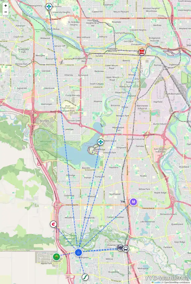 Daily accessibility map for 25 EVERHOLLOW PA SW, Calgary showing nearby schools, grocery stores, parks, LRT stations and nearby amenities