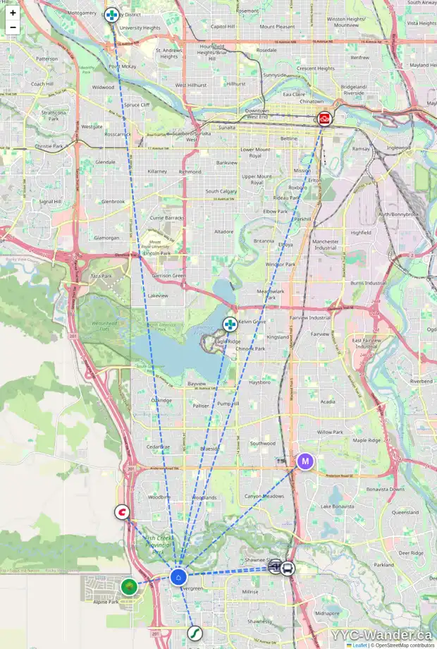 Daily accessibility map for 33 EVERHOLLOW PA SW, Calgary showing nearby schools, grocery stores, parks, LRT stations and nearby amenities